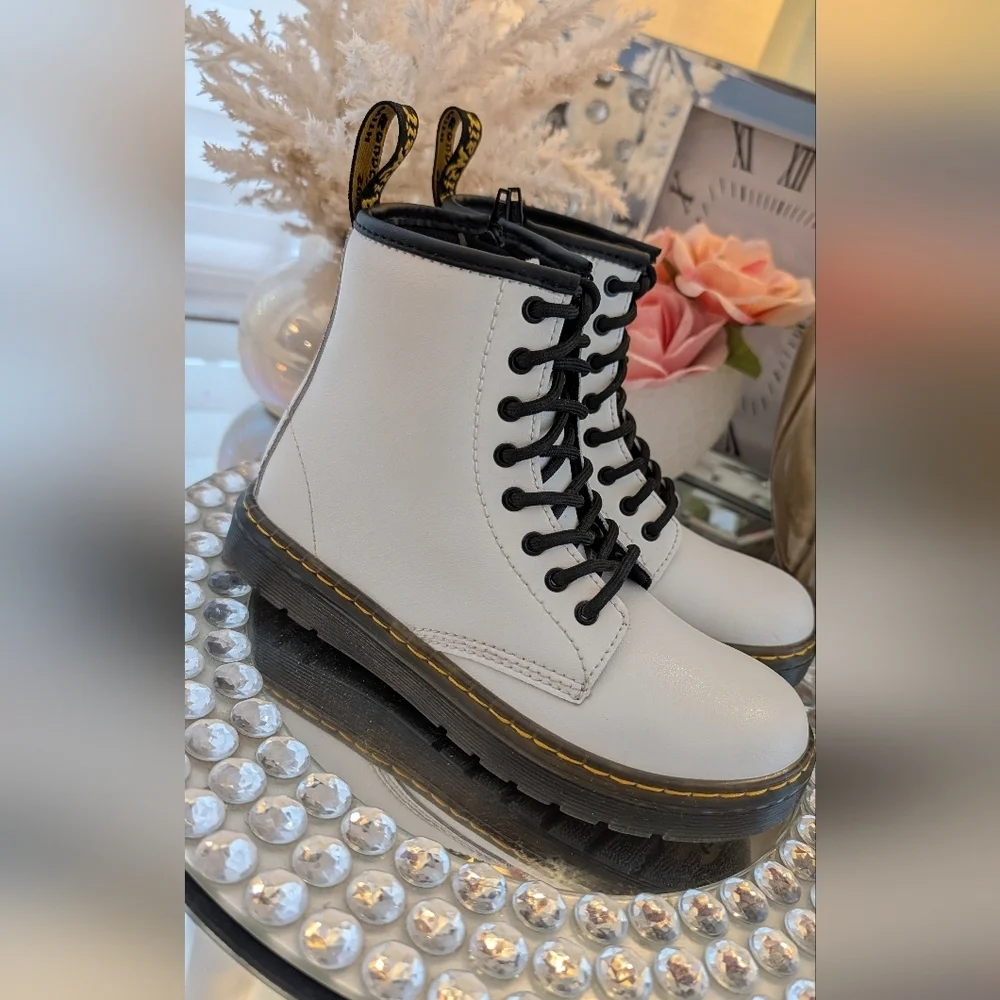 Dr. Martens White Leather Savala Lace Up Combat Boots Youth Size 2